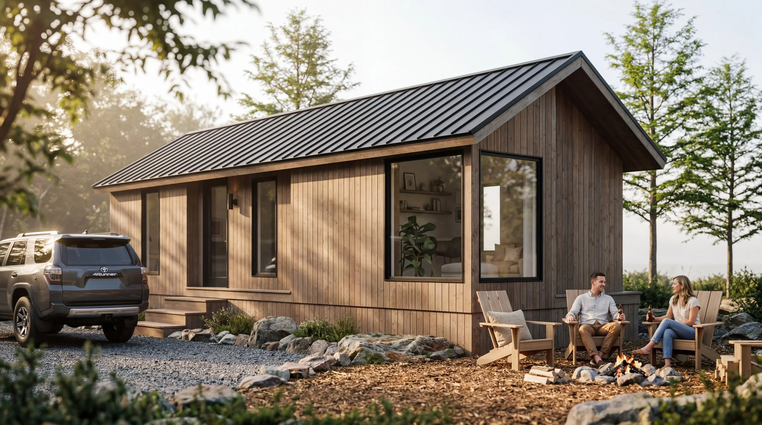 A tiny wooden house with a metal roof in a forest setting. Two people are sitting around a campfire in front of the house, enjoying the outdoors. A couples mountain retreat set in the heart of the Laurel Highlands, pa.  Located near Seven Springs