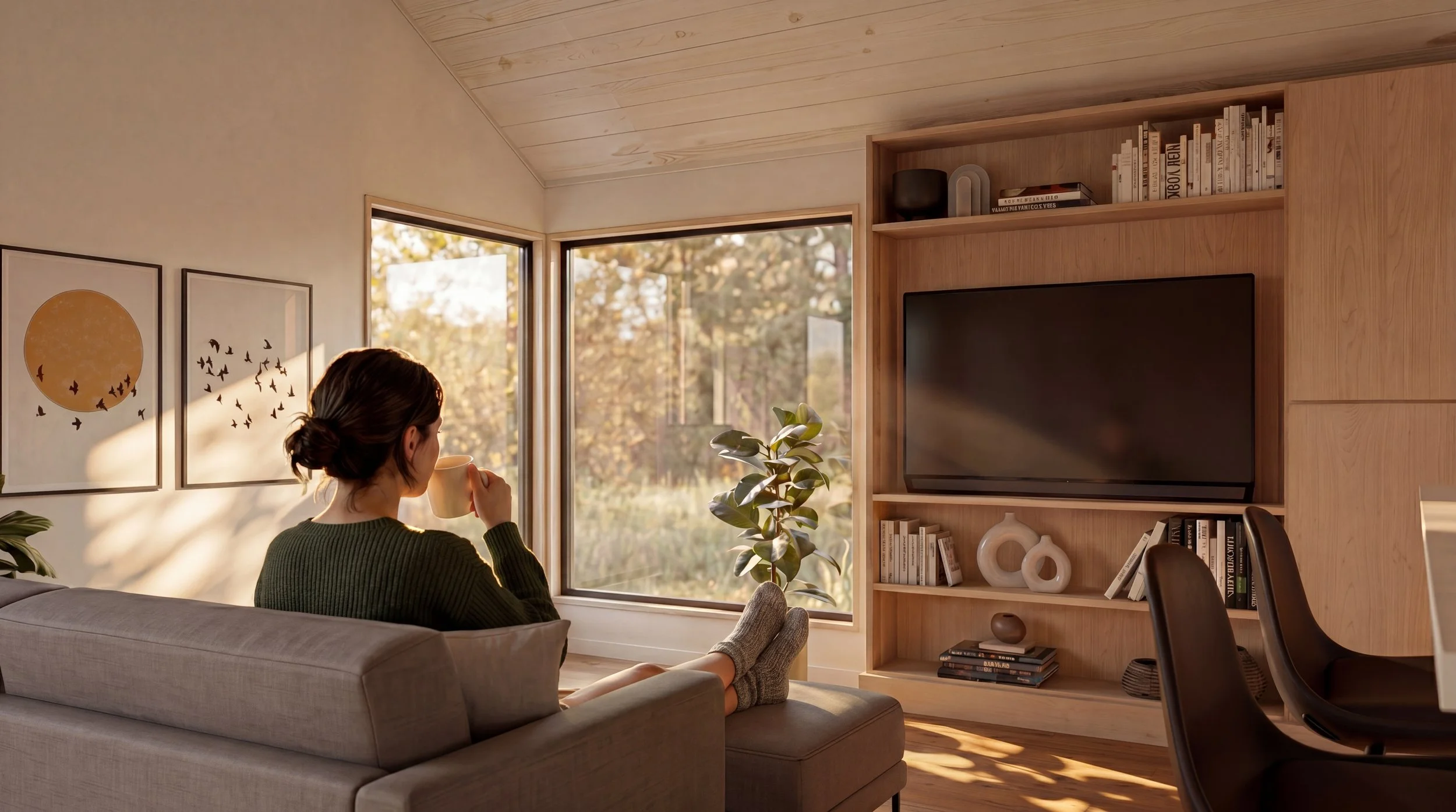 A woman sitting on a gray sofa, drinking from a white mug, in a cozy living room with large windows, wooden walls, a flat-screen TV, and modern decor.