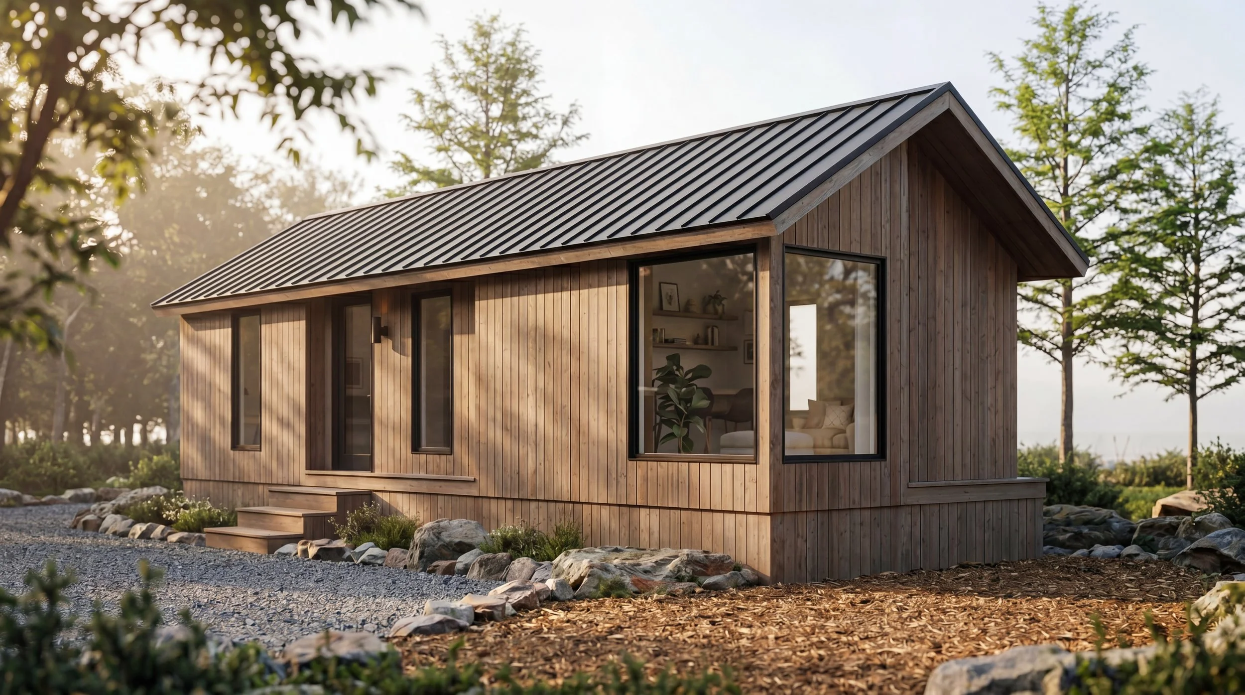 A modern tiny house with wooden siding and large glass windows, situated outdoors with trees and rocks around, during daylight.