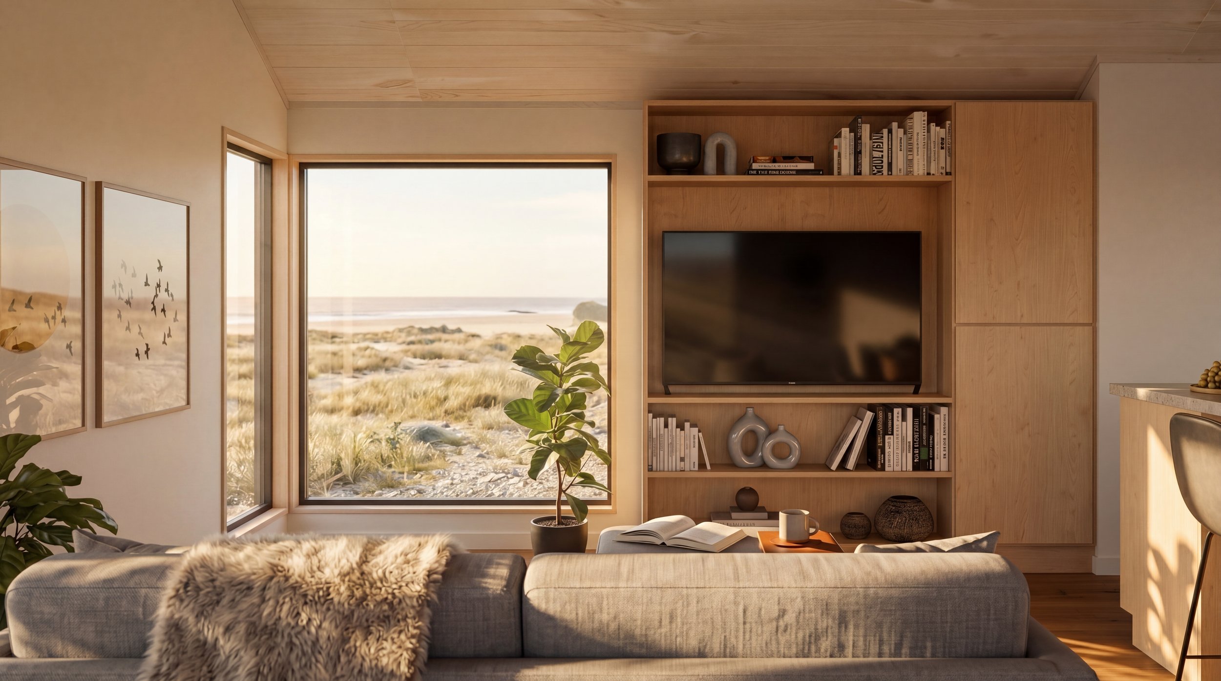 Living room with large window overlooking a beach landscape, wooden bookshelf with decorative items and books, potted plant, and a gray sofa with a fur throw.
