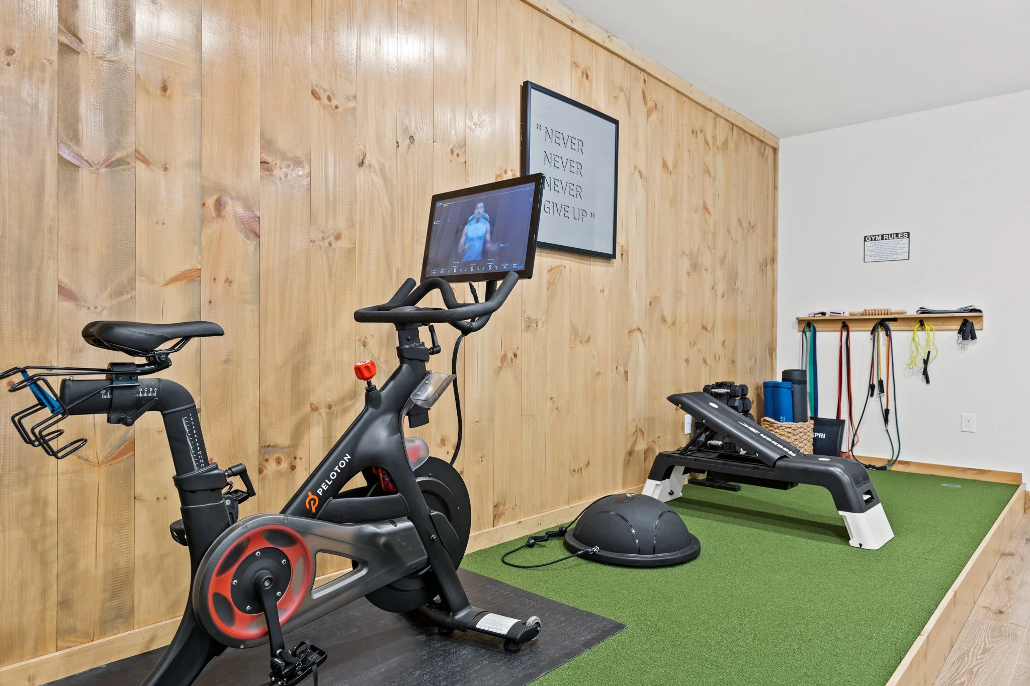 Workout zone including pelton, weights and yoga equipment