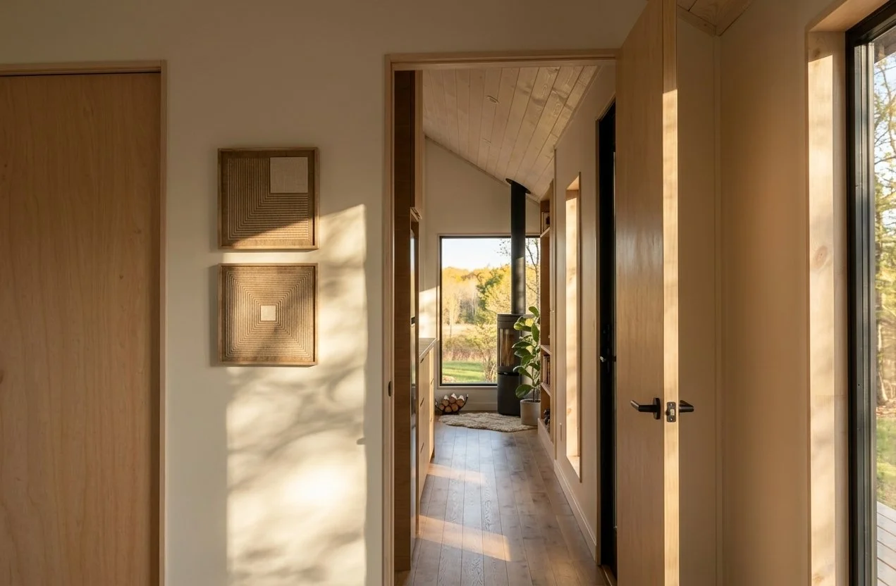 Interior view of a modern home with wooden walls and flooring, sunlight casting shadows, and large windows showing a landscape outside. There are framed geometric art pieces on the wall.