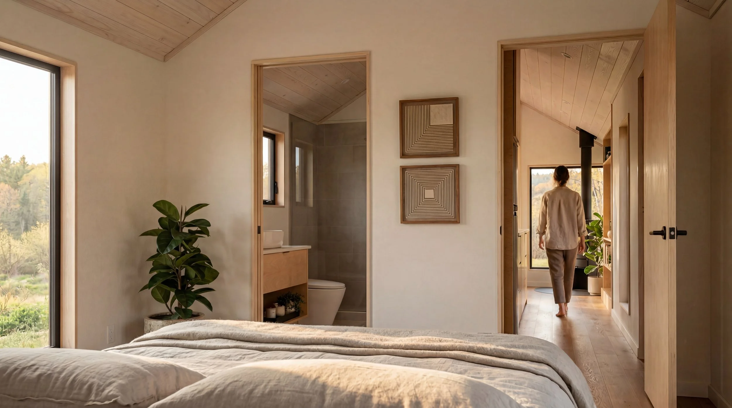 A bedroom with large windows and view of greenery, a potted plant near the bed, a bathroom with a toilet and sink visible through an open door, and an open doorway leading to another room where a person is walking away towards a bright window.
