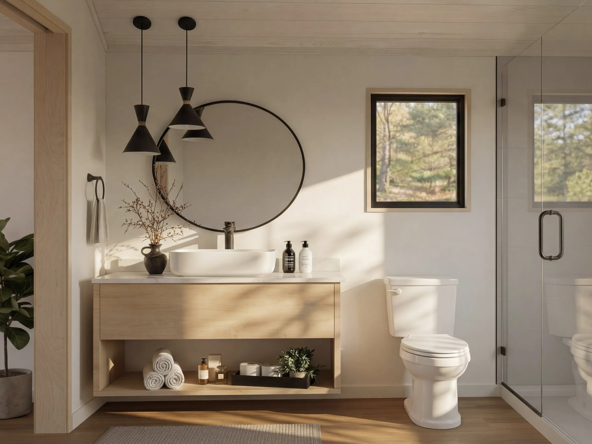 A modern bathroom with a wooden vanity, round vessel sink, black wall-mounted faucet, black and white soap dispensers, rolled towels, a decorative vase with branches, a round mirror, and a window showing trees outside.
