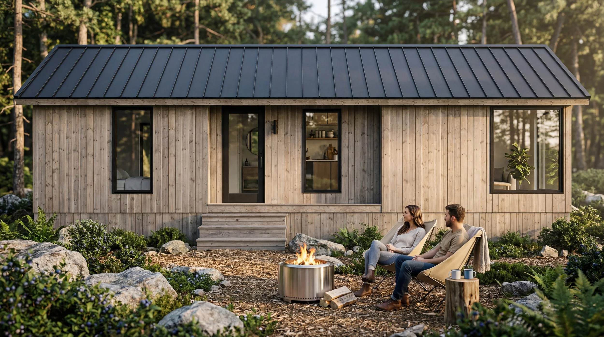 A tiny wooden house with a metal roof in a forest setting. Two people are sitting around a campfire in front of the house, enjoying the outdoors.  A couples mountain retreat set in the heart of the Laurel Highlands, pa