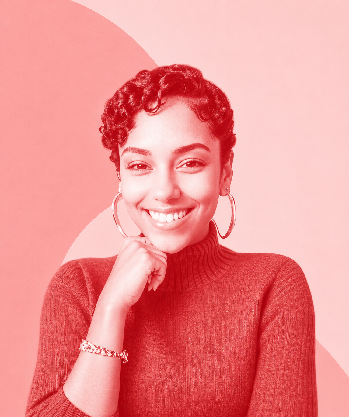 A woman with short, curly hair smiling, wearing a red turtleneck sweater, large hoop earrings, and a bracelet, with a pink background featuring abstract shapes.