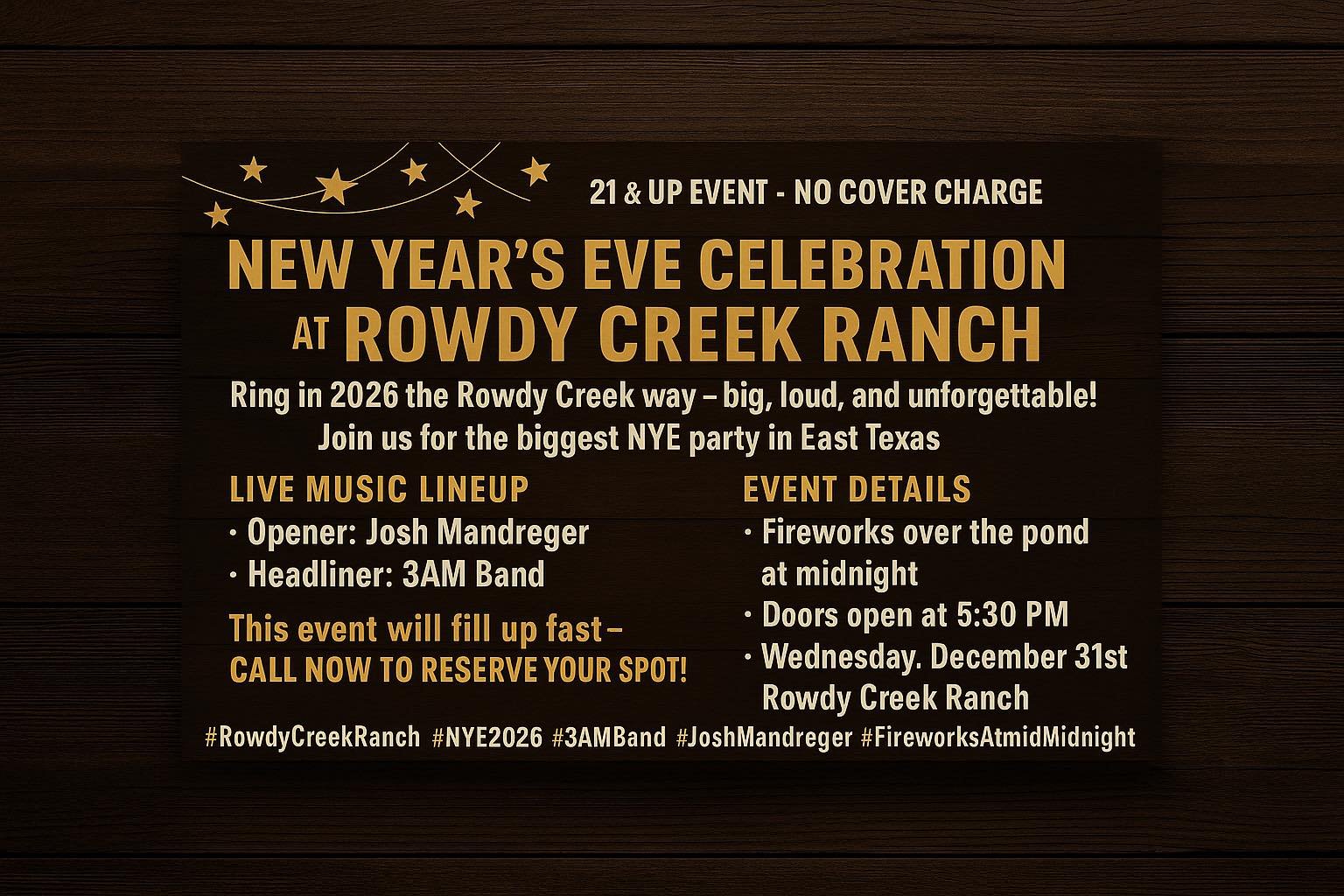 🎉 New Year’s Eve Celebration at Rowdy Creek Ranch