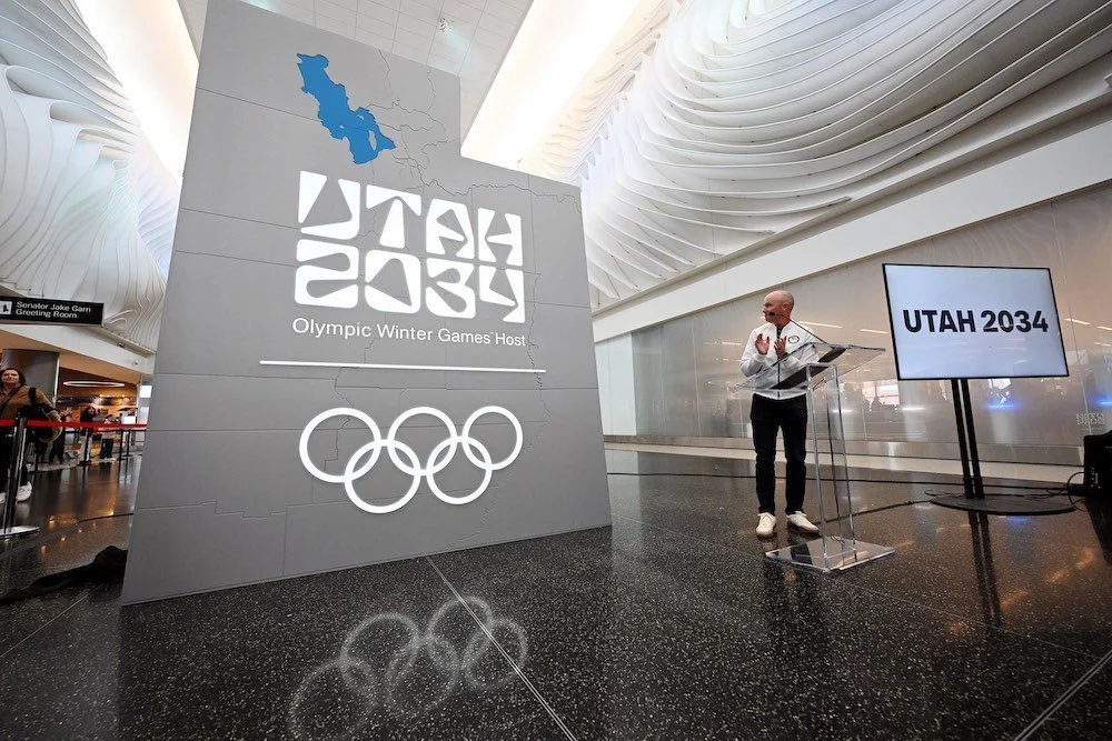 Airport in SLC with 2034 Olympic logo