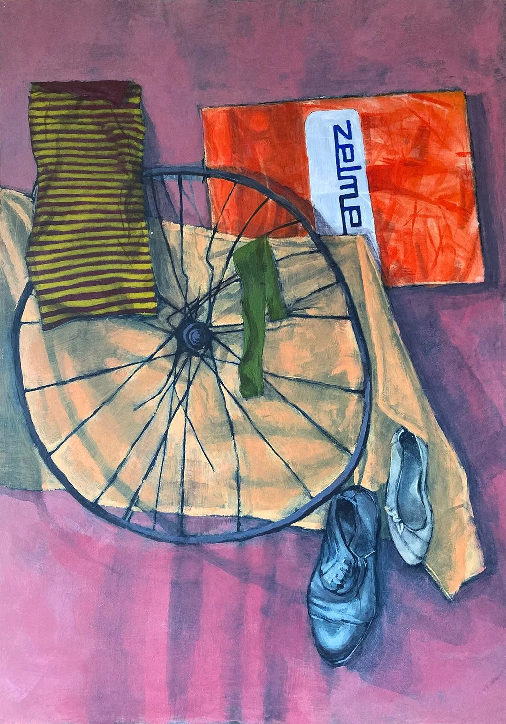 "Still life with a bicycle wheel", acrylic on HDF panel, 100x70cm, 2013.