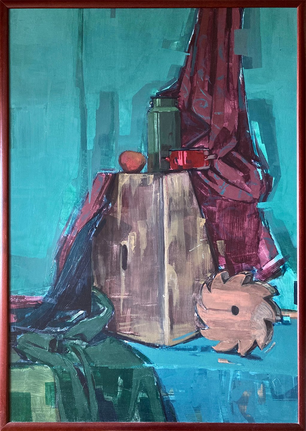 "Still life with a wooden sprocket", acrylic on HDF panel, 100x70cm, 2013.