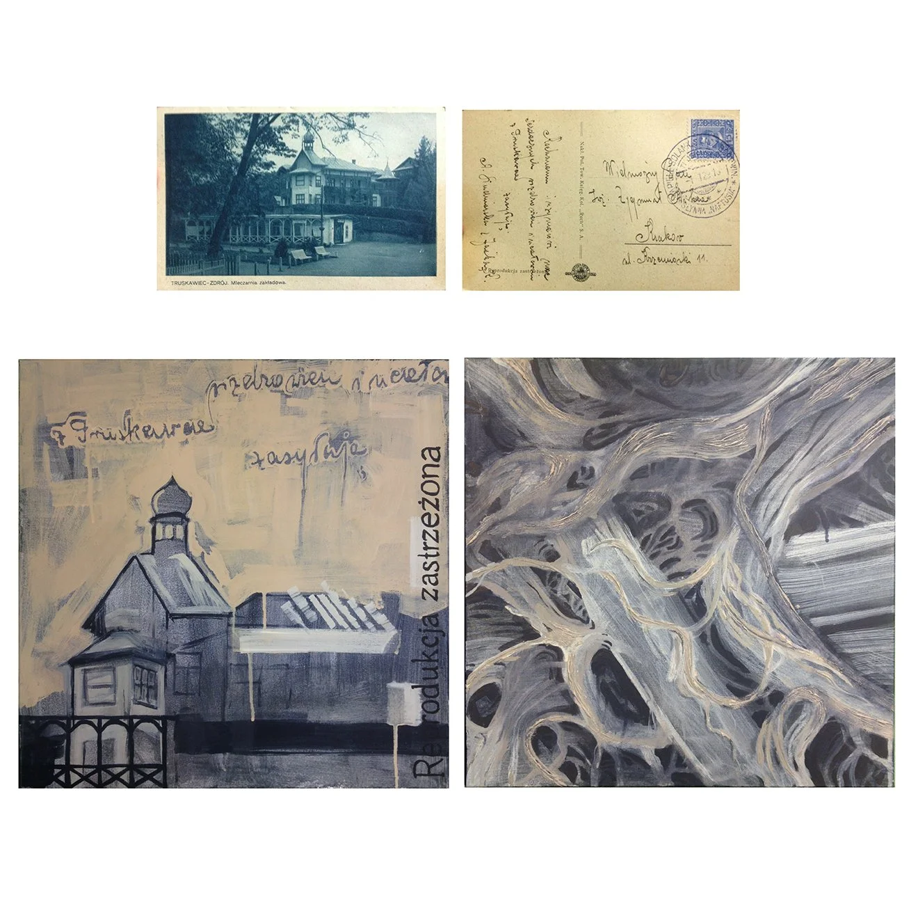 Paintings inspired by the object (postcard) and it's structure (miscroscopic structure of paper), acrylic on canvas.