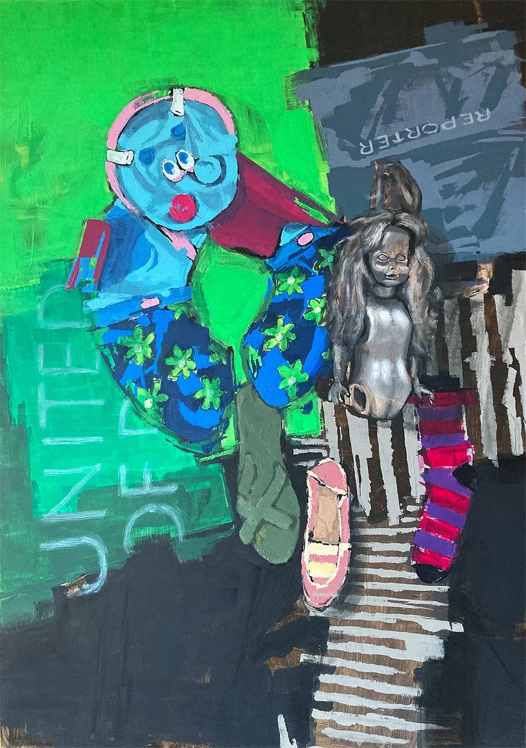 "Still life with a creepy doll", acrylic on HDF panel, 100x70cm, 2013.