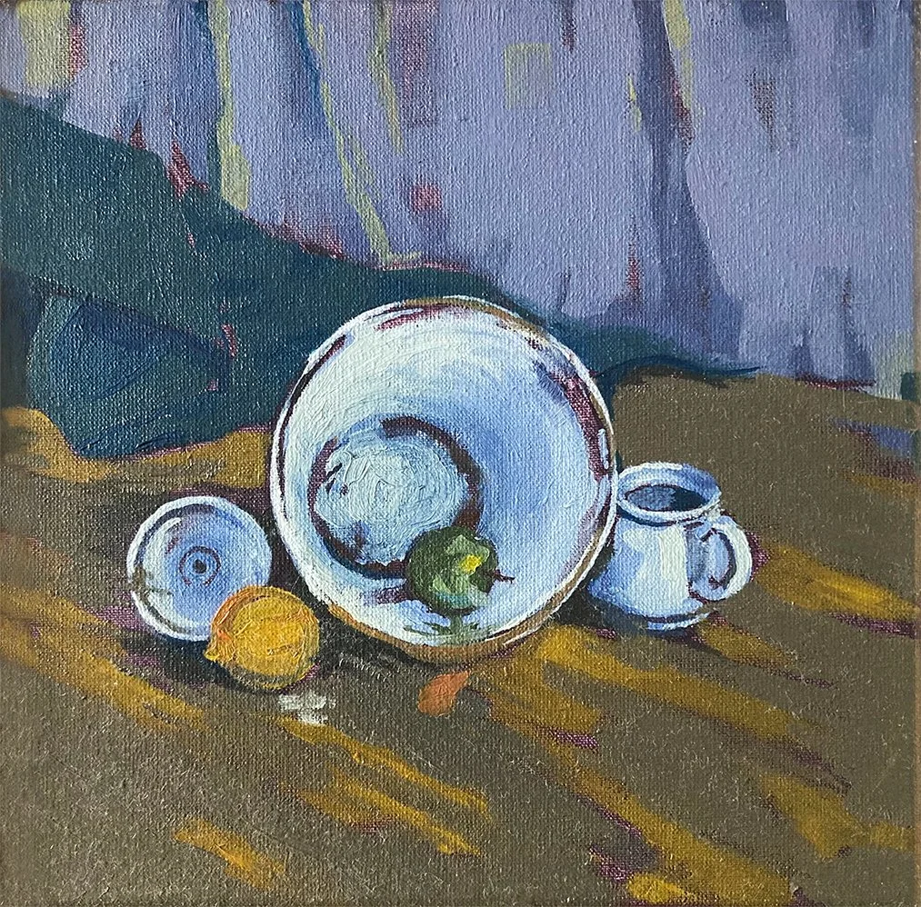 "Still life with the white porcelain", oil on canvas.