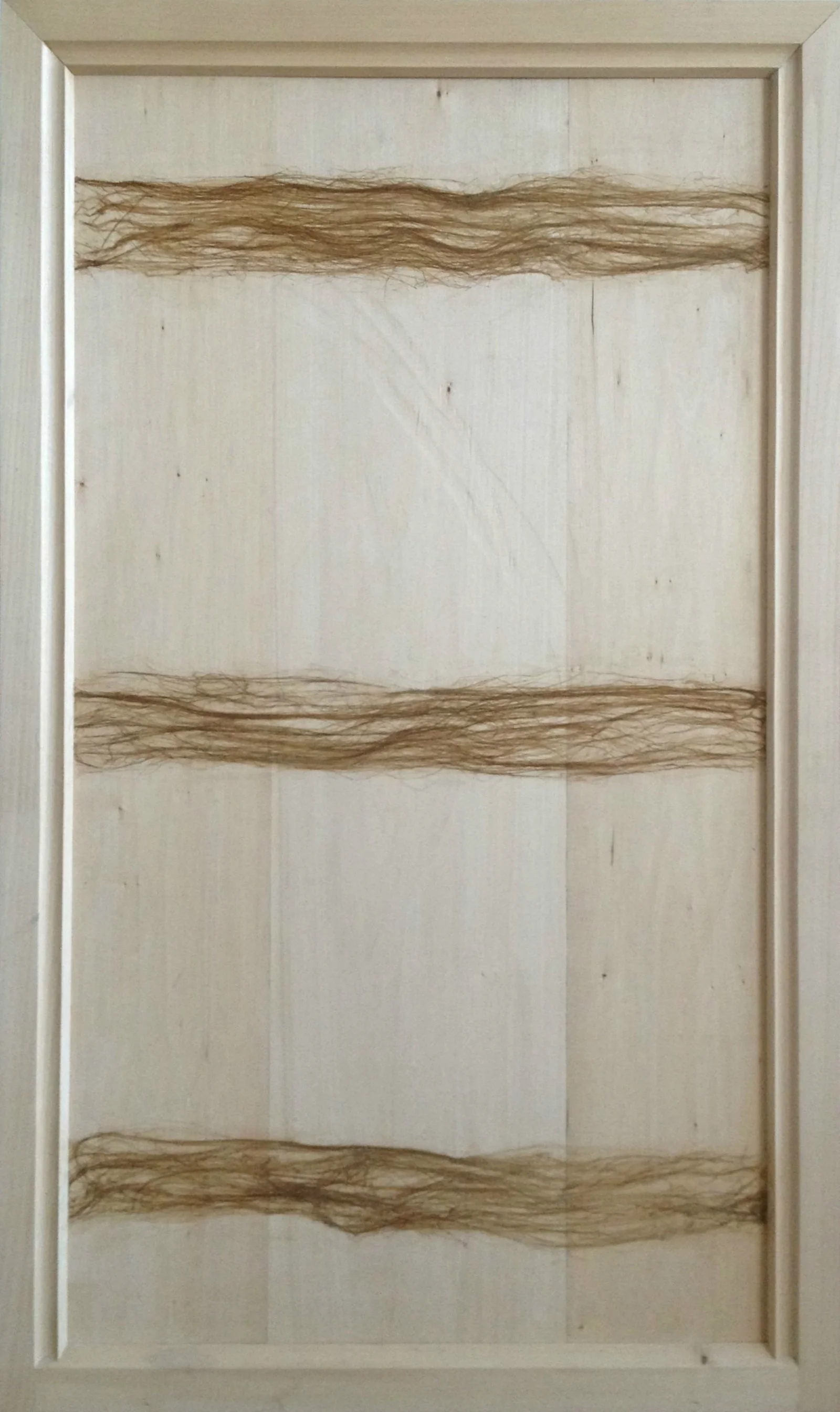 Wooden panel made from three linden planks with strips of flax tow glued on top.