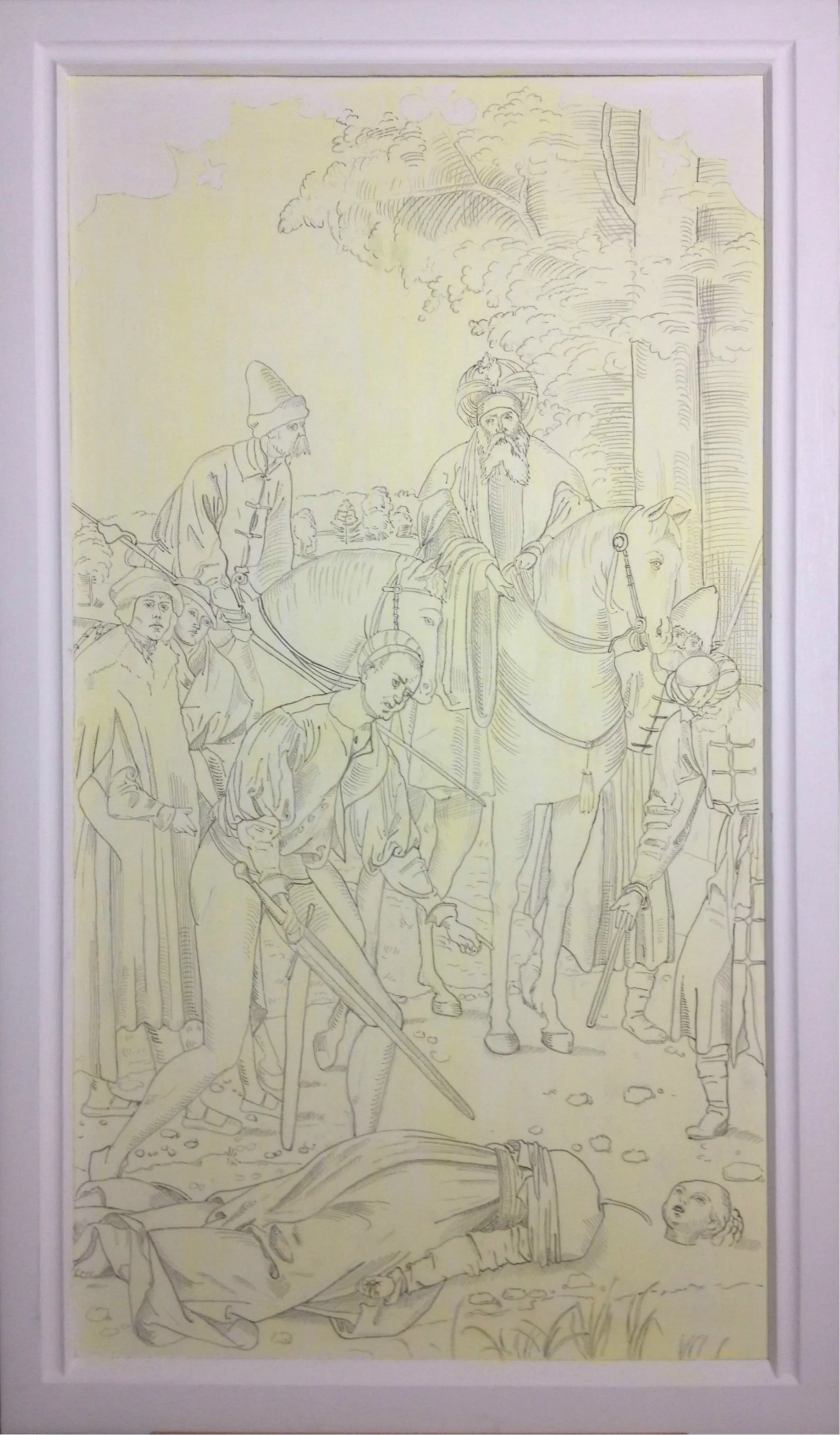 Underdrawing made with ink on top of a layer of yellow imprimatur.