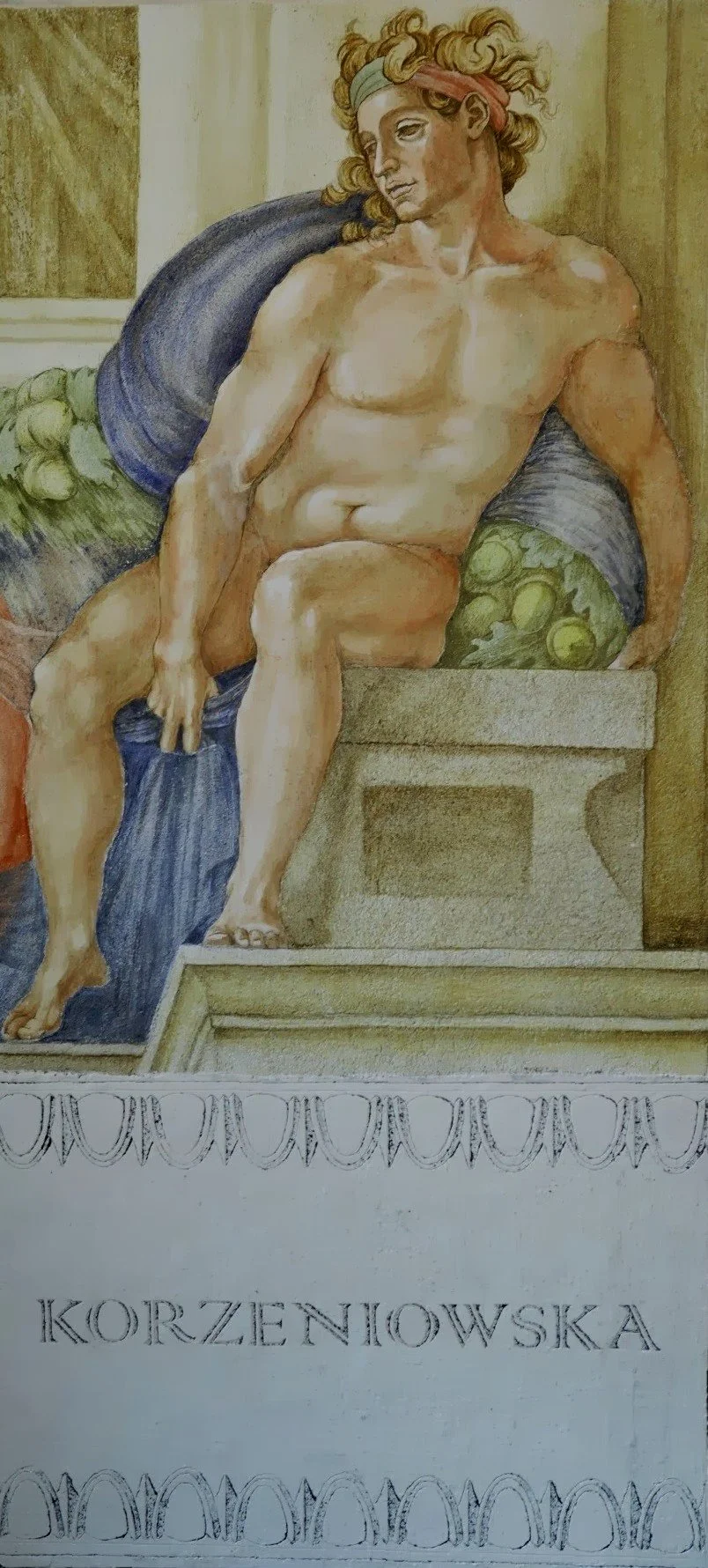 Copy of one of the "The Ignudi" frescoes from Sistine Chapel by Michelangelo. Below sgraffito with my last name.