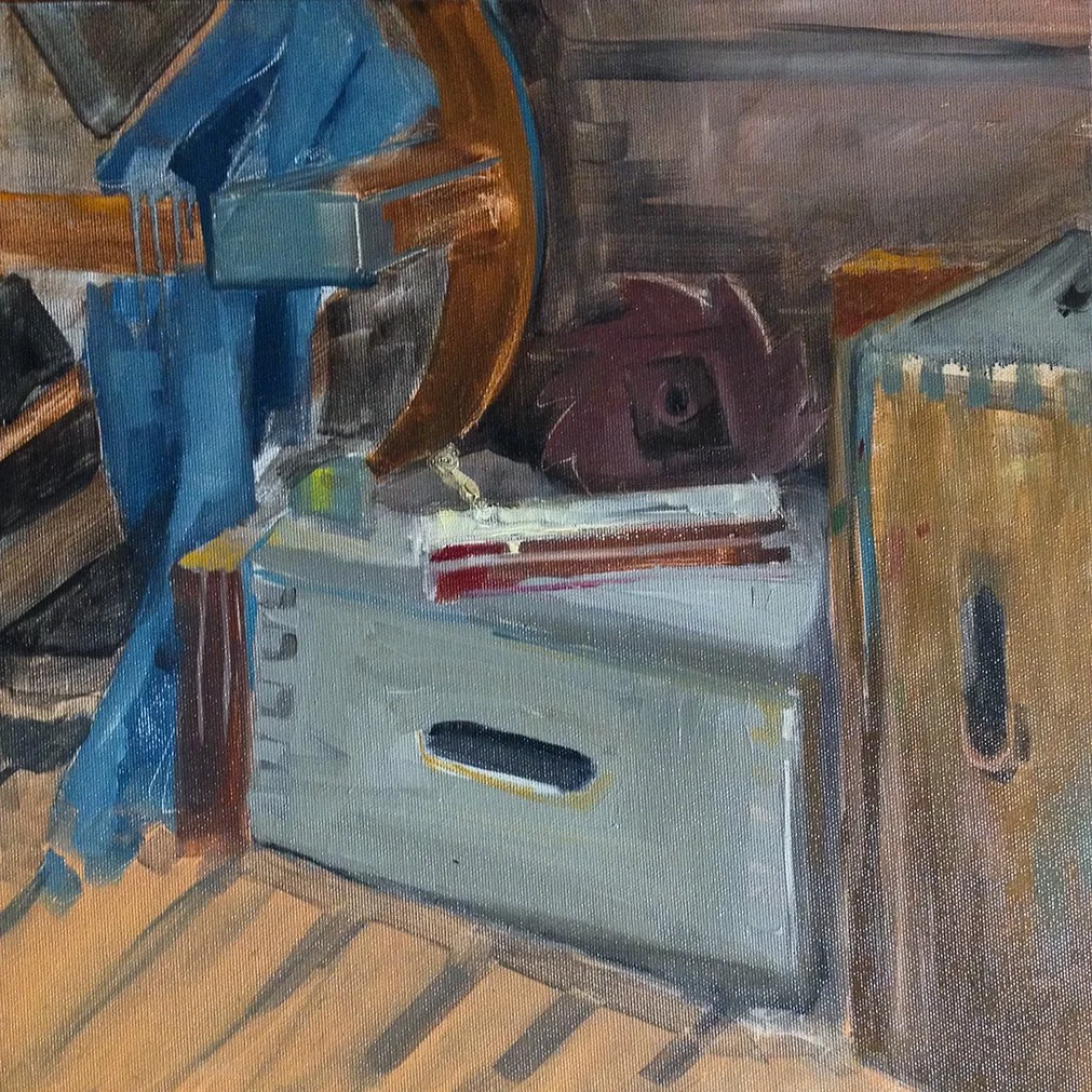 "Still life with the wooden boxes", oil on canvas.