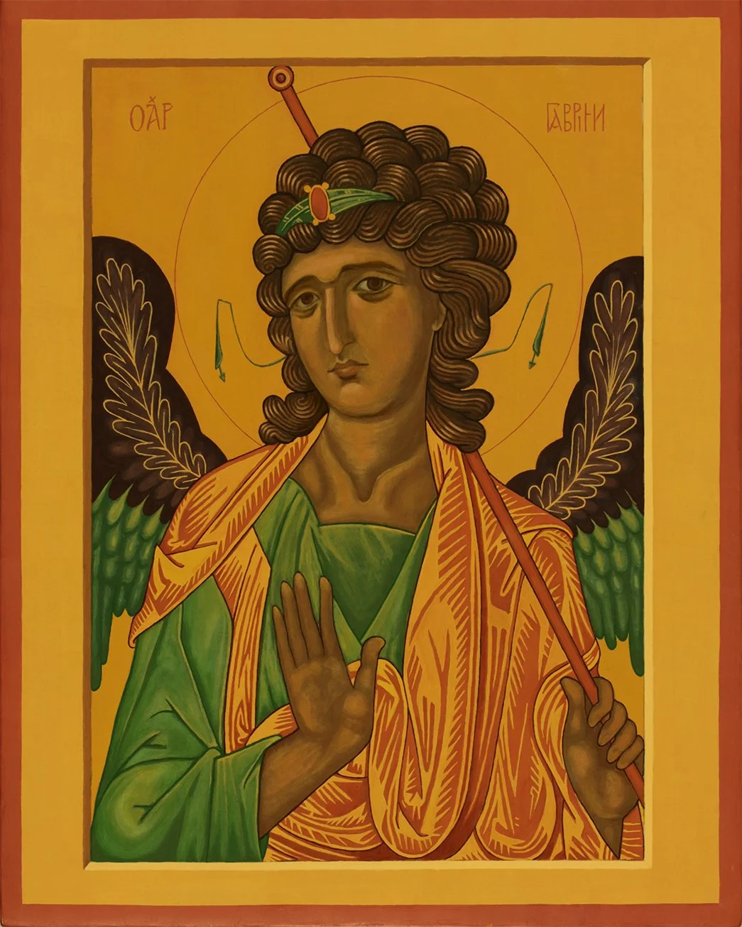The icon of Archangel Gabriel, egg tempera on a linden board, painted from a photograph, 2013.