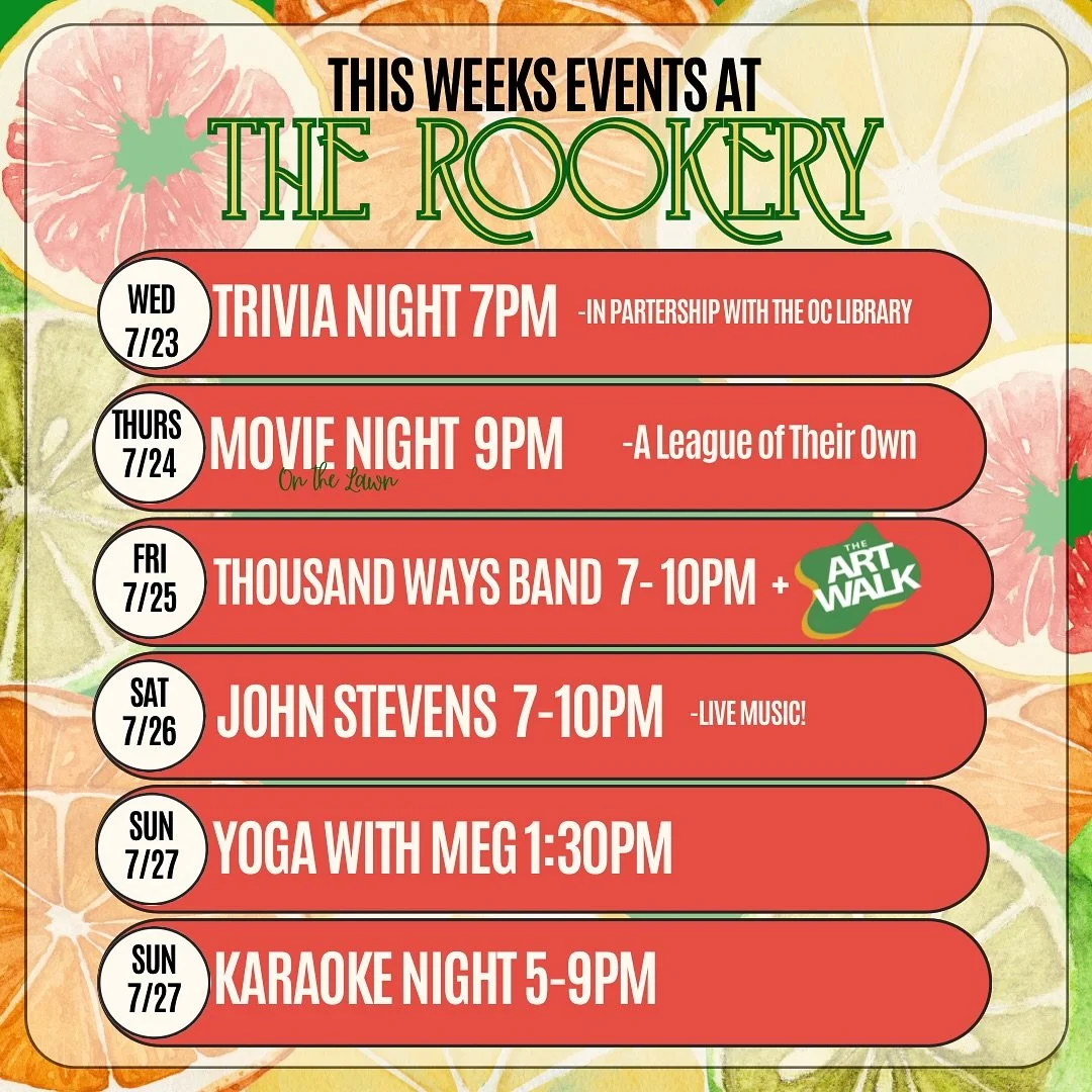 We&rsquo;ve got a fun packed week!! From trivia, to live music, to Last Friday Art Walk, come enjoy the summer, have a drink, and stay a while!! 

#therookeryhillsborough #hillsboroughnc #explorenc #orangecountync #chapelhill #trivia #movienight #bar