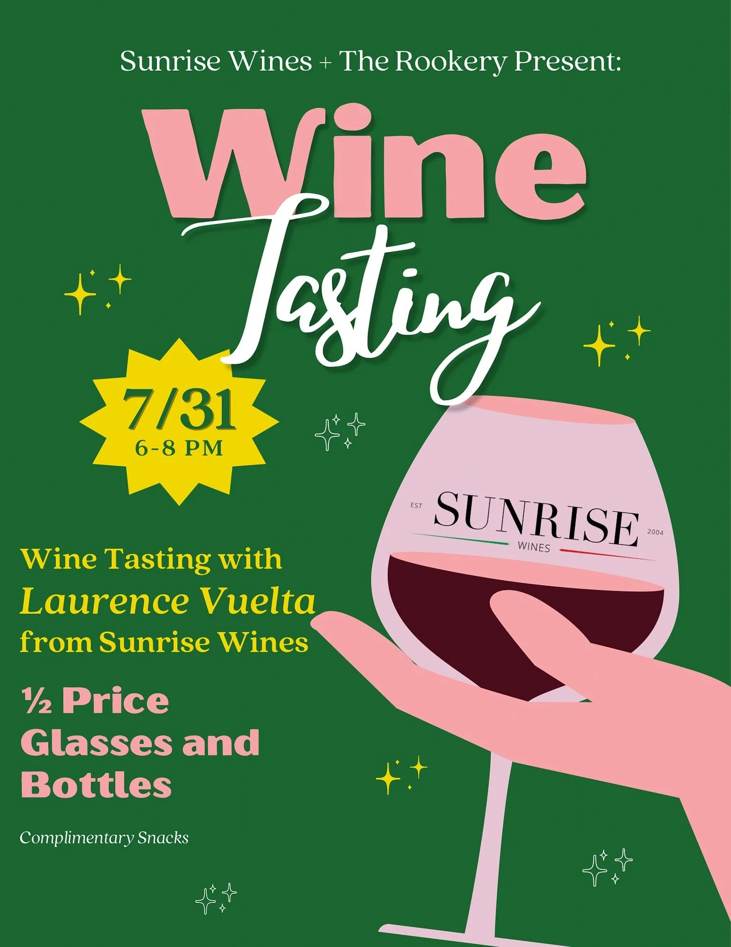 In case you need yet another reason to come to the Rookery, we&rsquo;ve got you covered! 

Come by Thursday 7/31 from 6-8pm to hang out with the lovely Laurence (@laurencevuelta )from Sunrise Wines! He will be bringing a selection of beautiful wines 