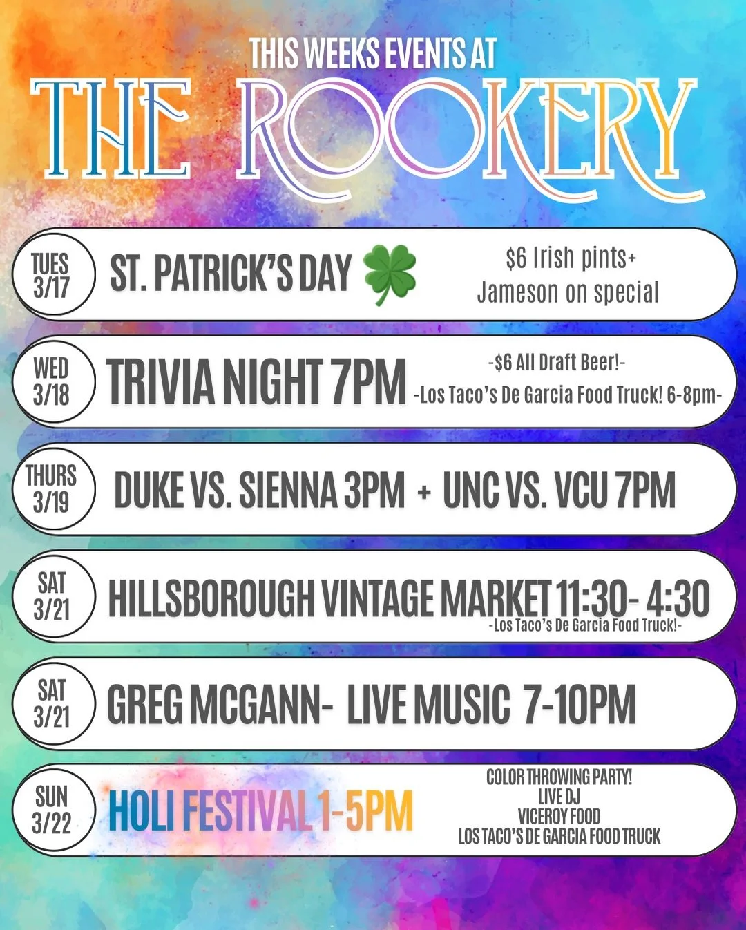 𝗕𝗶𝗴 𝗪𝗲𝗲𝗸 𝗔𝗵𝗲𝗮𝗱 𝗮𝘁 𝗧𝗵𝗲 𝗥𝗼𝗼𝗸𝗲𝗿𝘆! 🍀🎶🌈

We&rsquo;re rolling from St. Patrick&rsquo;s Day celebrations straight into one of our most exciting weekends yet.

✨𝗡𝗘𝗪!! 𝗛𝗶𝗹𝗹𝘀𝗯𝗼𝗿𝗼𝘂𝗴𝗵 𝗩𝗶𝗻𝘁𝗮𝗴𝗲 𝗠𝗮𝗿𝗸𝗲𝘁
This Sat