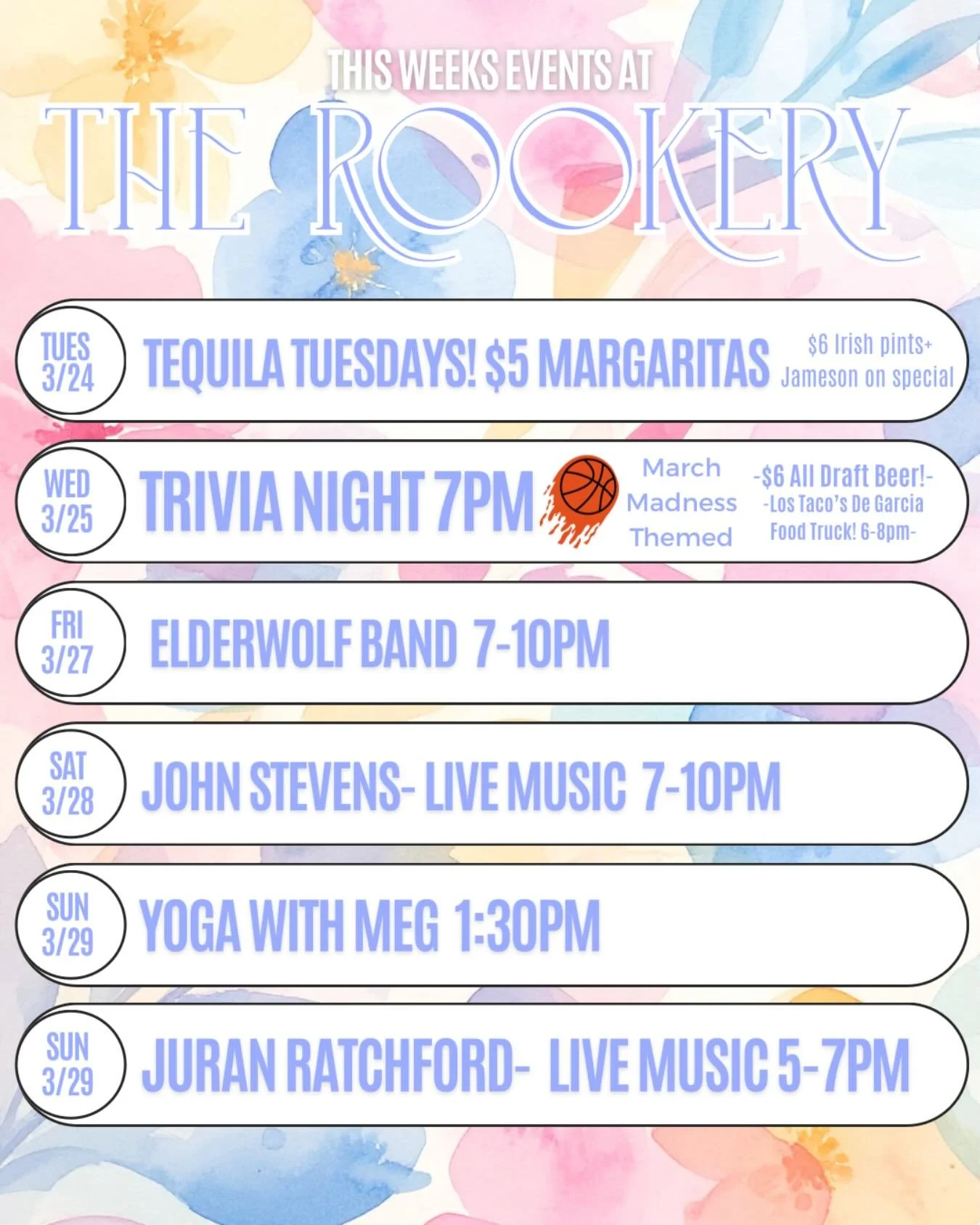 Big week ahead at The Rookery 🌸🎶
From margaritas and March Madness trivia to a full lineup of live music and a Sunday reset on the lawn&mdash;there&rsquo;s something happening every day.

Grab your crew, mark your calendars, and come hang with us a