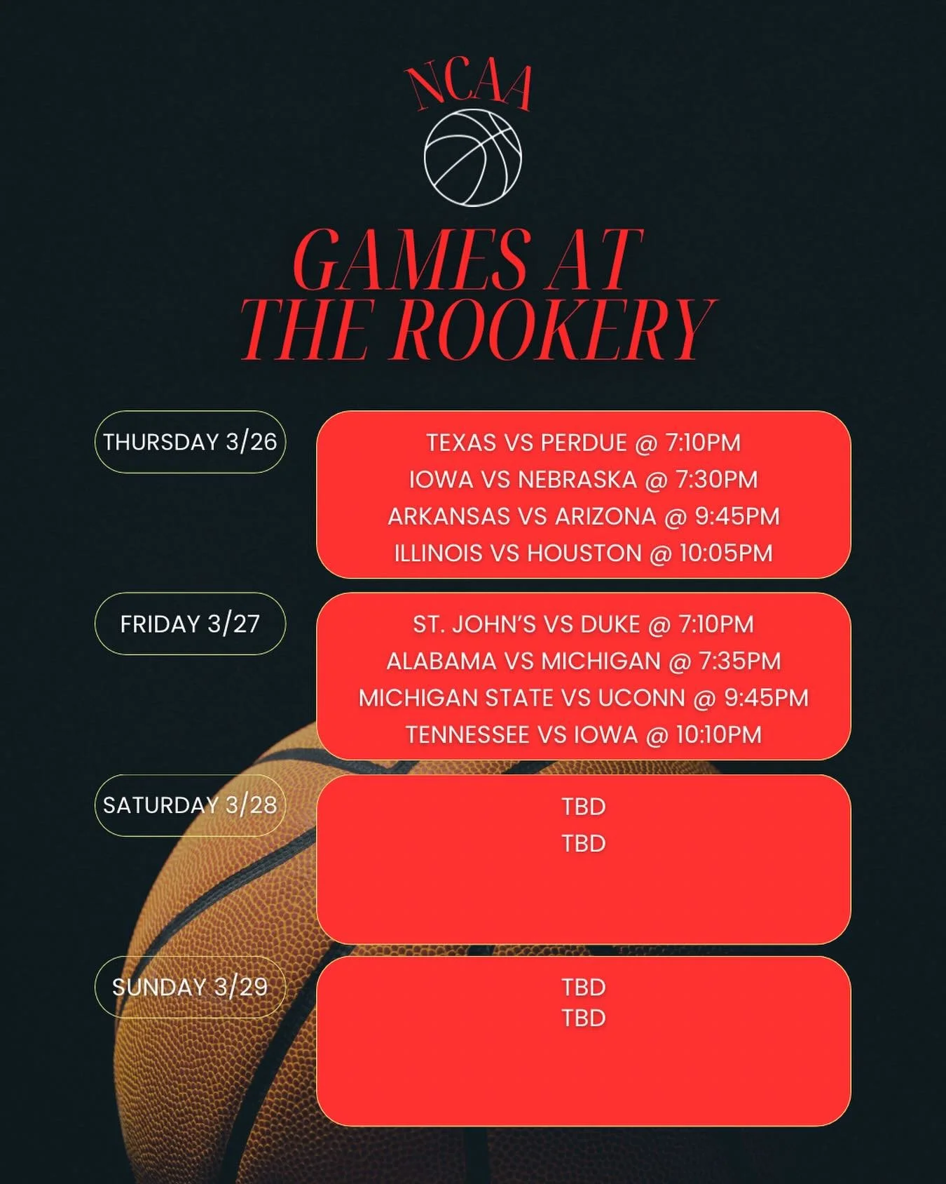 Don&rsquo;t miss NCAA games all weekend long!  We&rsquo;ve got multiple tv&rsquo;s so we&rsquo;ll have all the games on!  Come drink a beer and cheer on your favorite team!

How&rsquo;s your bracket looking so far?  Comment who you think is going to 