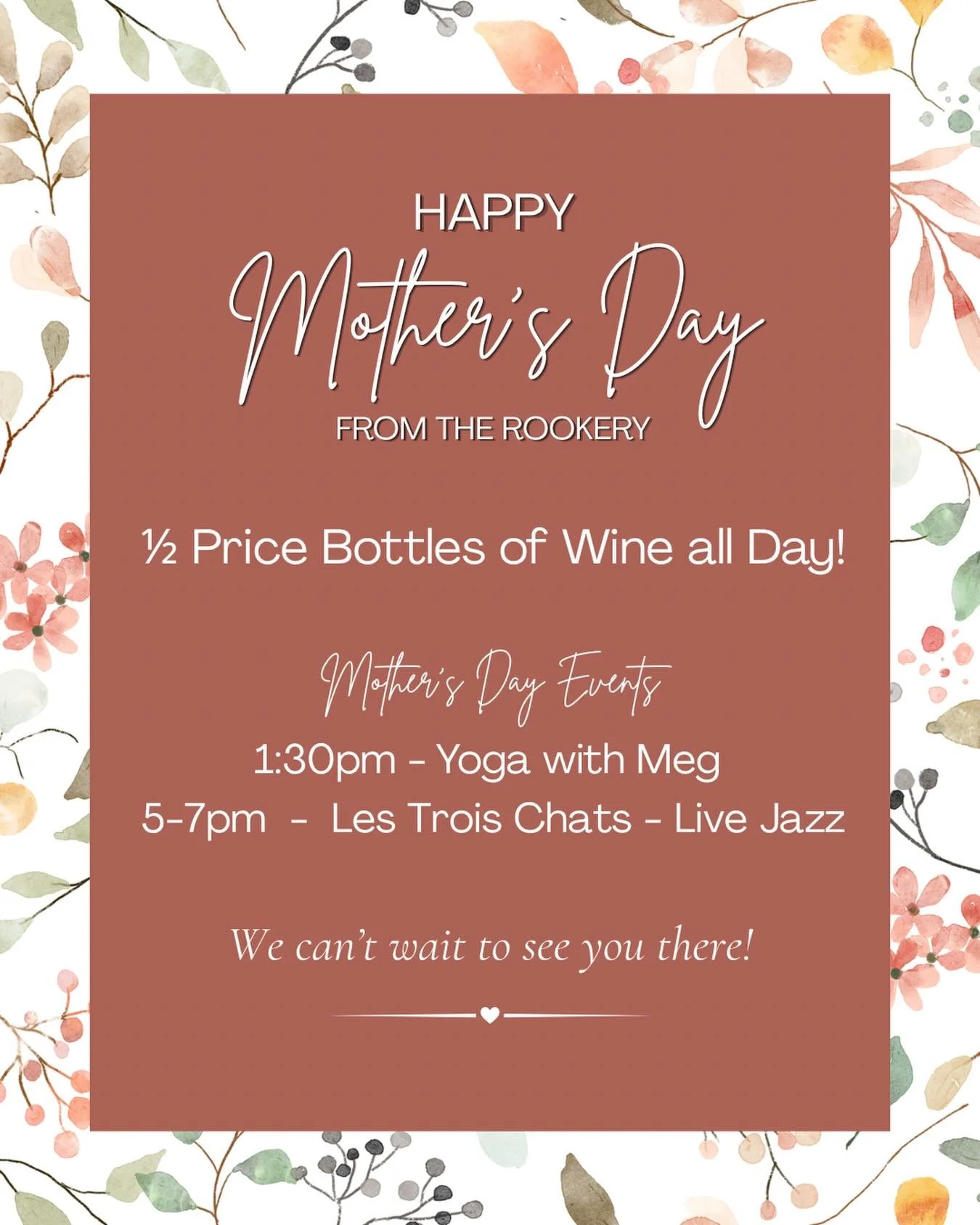 Calling all mothers and people who have mothers!  So that&rsquo;s everyone!  Come hang out with the important women in your life and enjoy 1/2 price wine, yoga with @megacatspoe , and live jazz with @lestroischatsnc for a perfect day! 

#therookeryhi