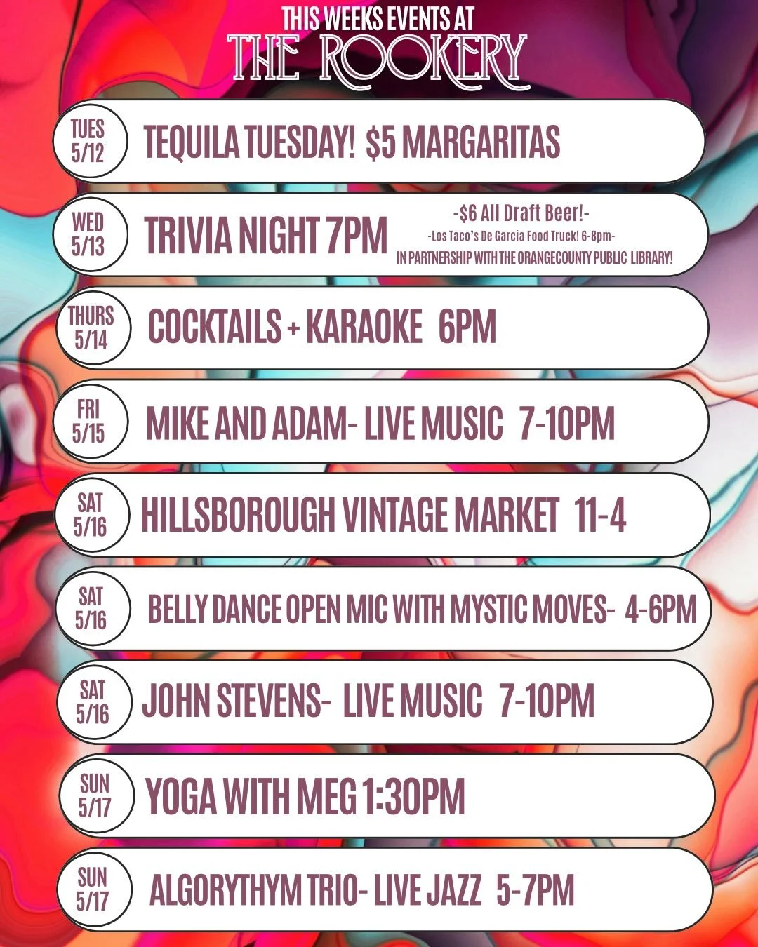 Another week, another excuse to basically live at The Rookery.

We&rsquo;ve got margaritas, trivia, karaoke courage, live music, vintage treasures, belly dancing, yoga, and jazz on deck this week 🍹🎶

Highlights:
&bull; $5 margaritas for Tequila Tue