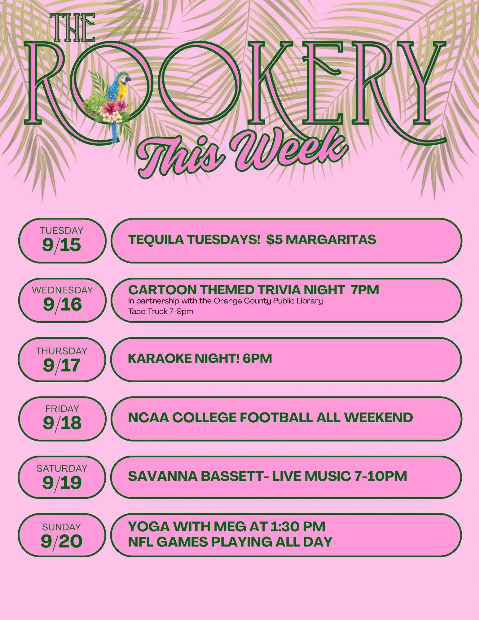 Come spend another fun filled with with us at The Rookery!  We&rsquo;ve got the end of summer vibes going with trivia, live music, Football season, karaoke, yoga, and more!  We&rsquo;re not just a bar but also a community space!  We want everyone to 