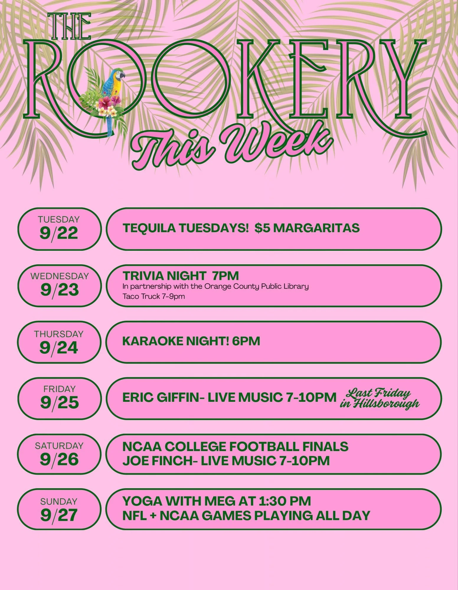 Join us for the first week of &ldquo;fall&rdquo; here at The Rookery!! It&rsquo;s still hot out but we&rsquo;ve got cool vibes with some tasty but still cool and refreshing fall drinks! 

We&rsquo;ve got your favorite weekly activities lined up plus 
