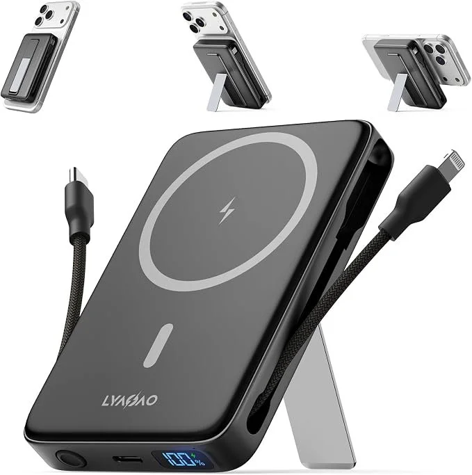 10000mAh magnetic portable charger with built-in cable and foldable stand