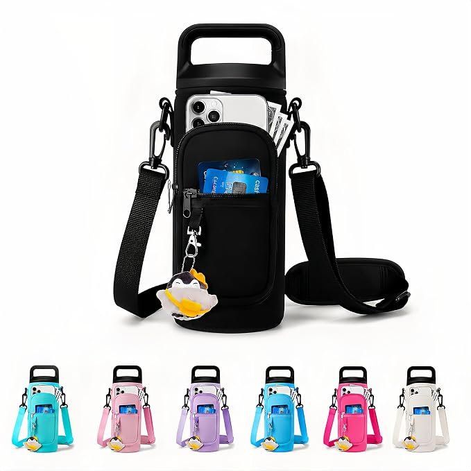 Water bottle holder with strap for Hydro Flask and Owala bottles