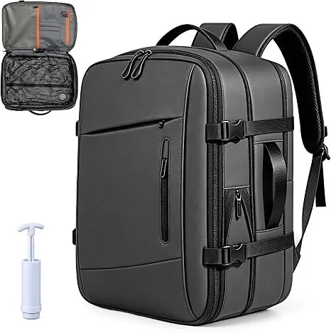 60L vacuum compression travel backpack with expandable storage