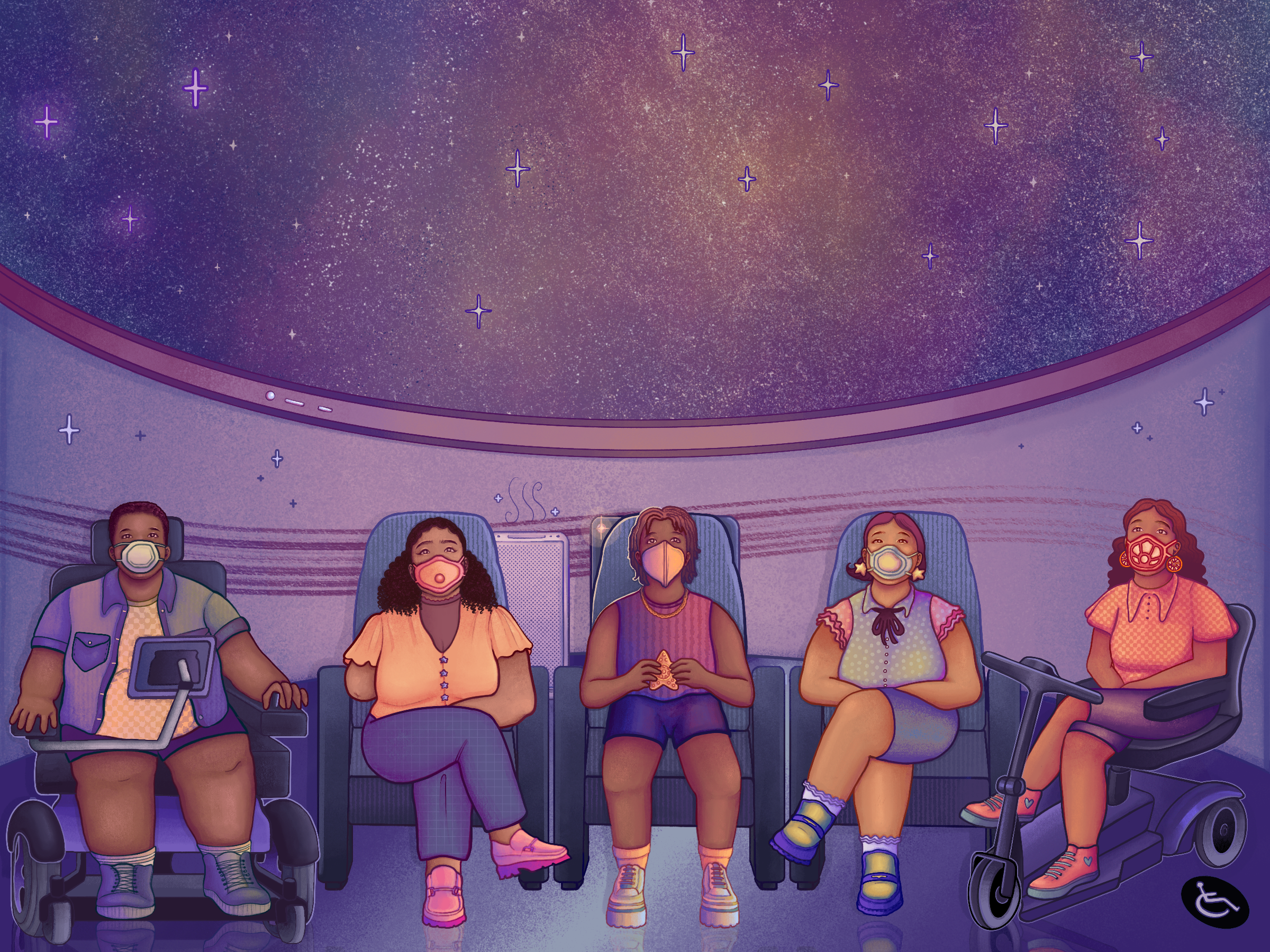 Five BIPOC friends enjoy a planetarium show together, all sitting and wearing a variety of masks and colorful summer outfits. 