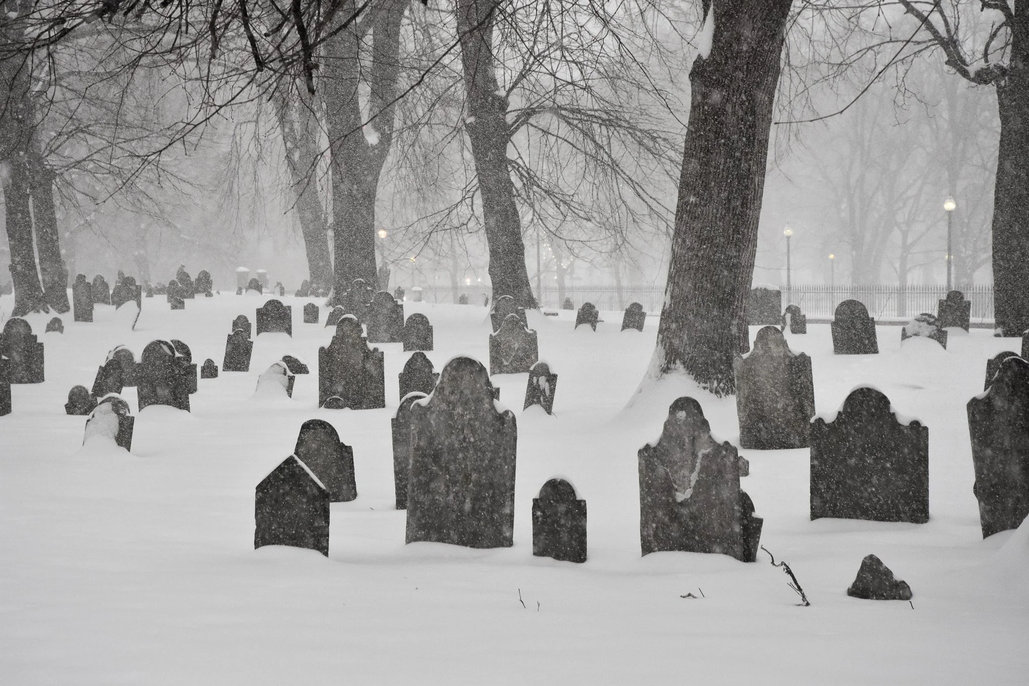 Boston, MA: Jan. 25 -  Snow starts to engulf the graves in the Central Burying Ground.