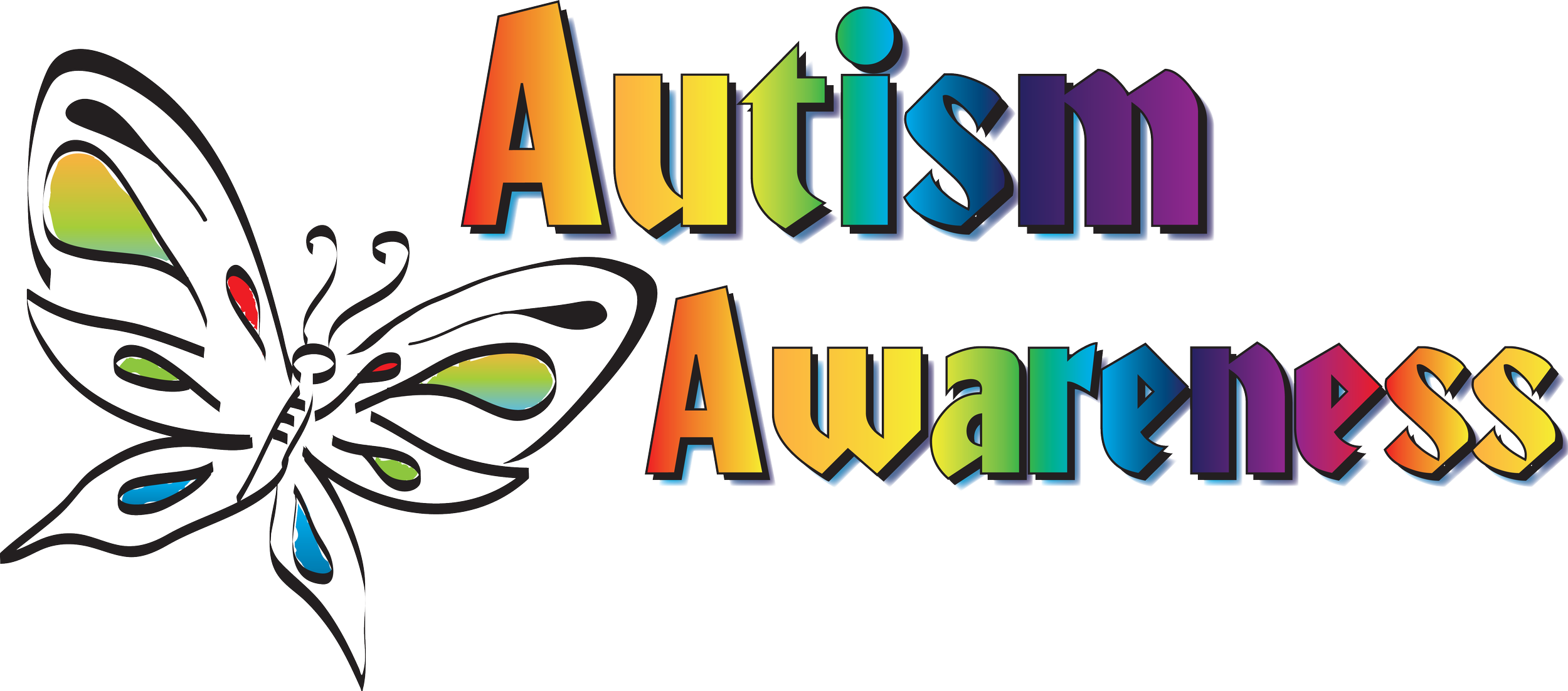 Banner saying "Autism Awareness" complete with rainbow text and butterfly on the left side