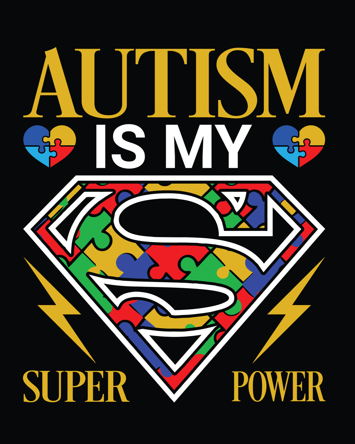 An image that says “Autism is my superpower” with a Superman symbol filled with multicolored puzzle pieces