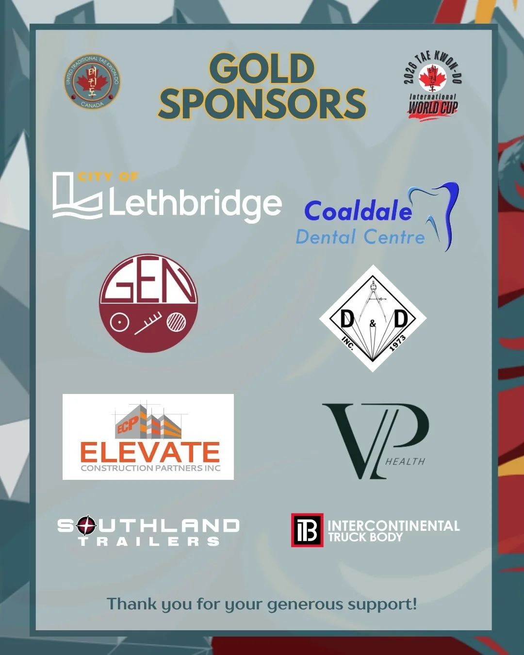A huge thank‑you to our Gold Sponsors! ⭐️🏆

We&rsquo;re honoured to have the generous support of our Gold Sponsors:

@cityoflethbridge 
@coaldaledentalcentre 
Gen Manufacturing
D &amp; D Machine Works
@elevate_cp 
@vp.health 
@southlandtrailers 
@it