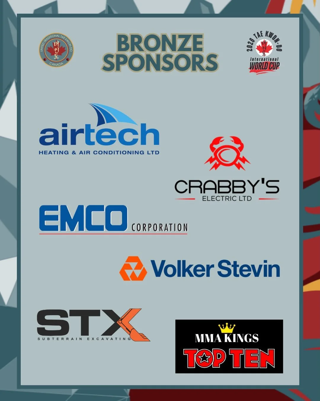 Shout out to our amazing Bronze sponsors! ✨

Your generosity helps us bring the World Cup to Lethbridge this July and helps local youth access sport through KidSport. Thank you for your support! 

🔗tkdcanada.com/worldcup
 
#tkdcanada #lethbridge #TK