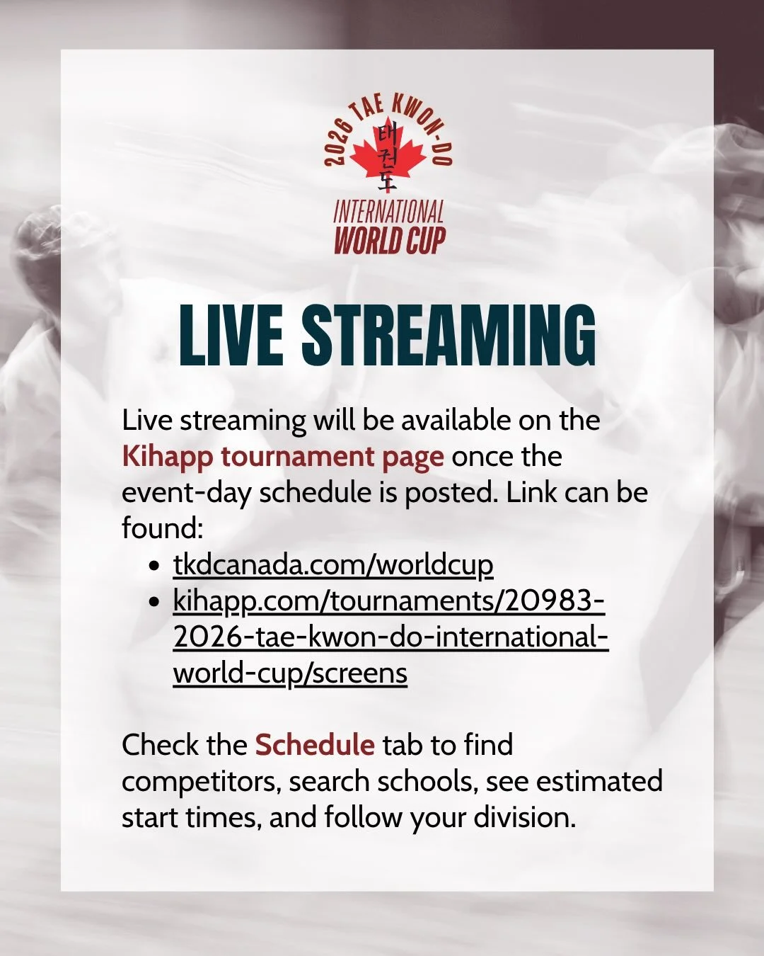 🥋 Ways to Watch the Tae Kwon-Do International World Cup | July 4&ndash;5! 🌍

Whether you&rsquo;re cheering from the stands or from across the world, we&rsquo;ve got you covered! 👊

📍 Watch in person at the Lethbridge Trade &amp; Convention Centre