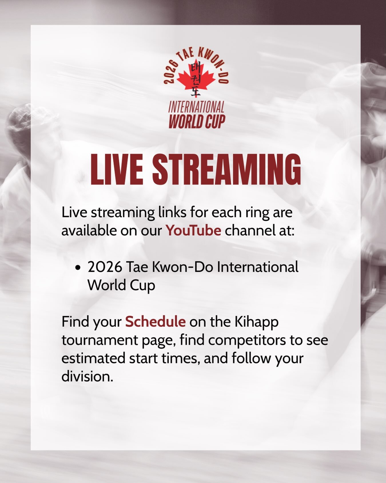 💻 Watch online with live streaming from every competition ring, so you don&rsquo;t miss a moment of the action.

🔗 Find the live stream on our website:
tkdcanada.ca/worldcup (link in bio)

Or watch on YouTube here: https://www.youtube.com/@2026TaeK