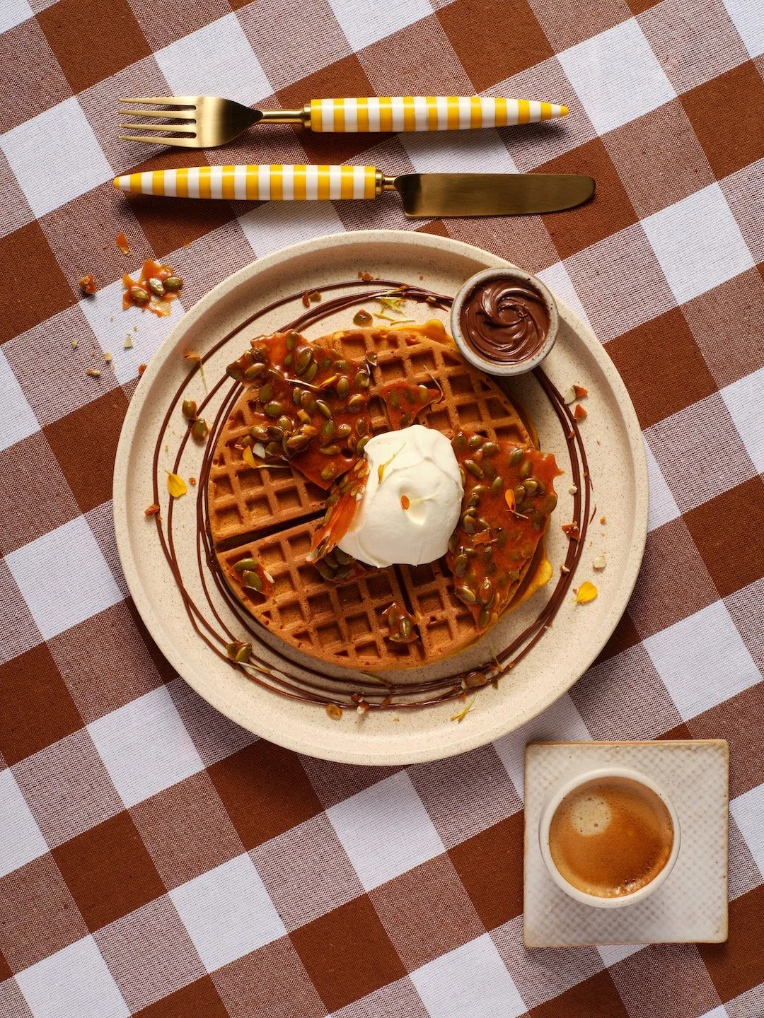 Pumpkin Spice Waffles with Pepita Brittle and Nutella
