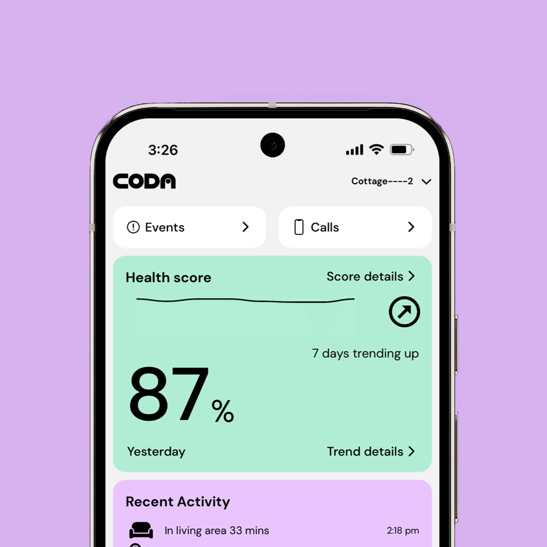Mobile app screen showing health tracking data including a health score of 87%, recent activity of 33 minutes, and options for events and calls.