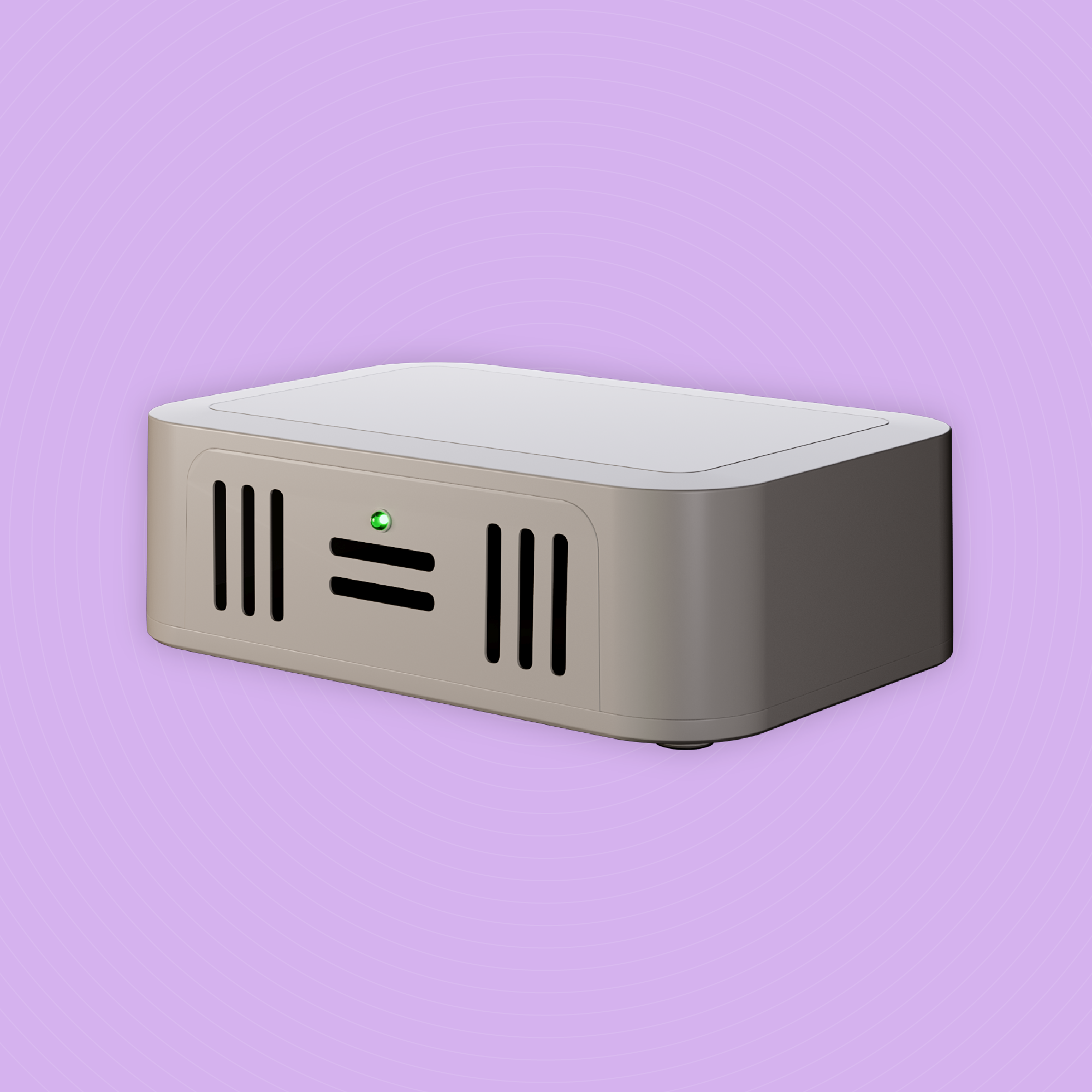 Small sensor device with ventilation slots, a green indicator light, and rounded edges, placed against a purple background.
