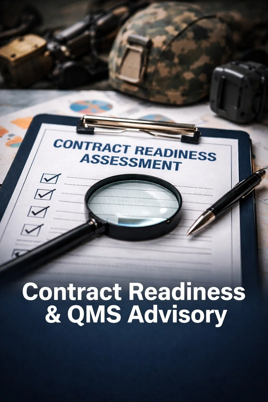 A clipboard with a contract readiness assessment form, magnifying glass, pen, military helmet, and camera on a table.