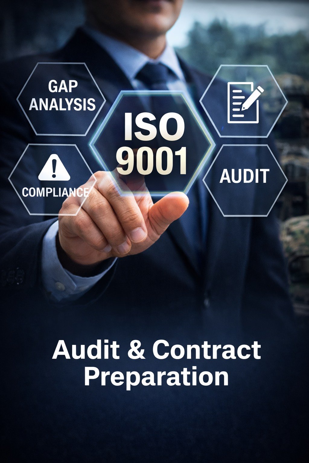 A person in a business suit pointing at a digital interface with words like ISO 9001, GAP analysis, compliance, audit, and a checklist icon, related to audit and contract preparation.