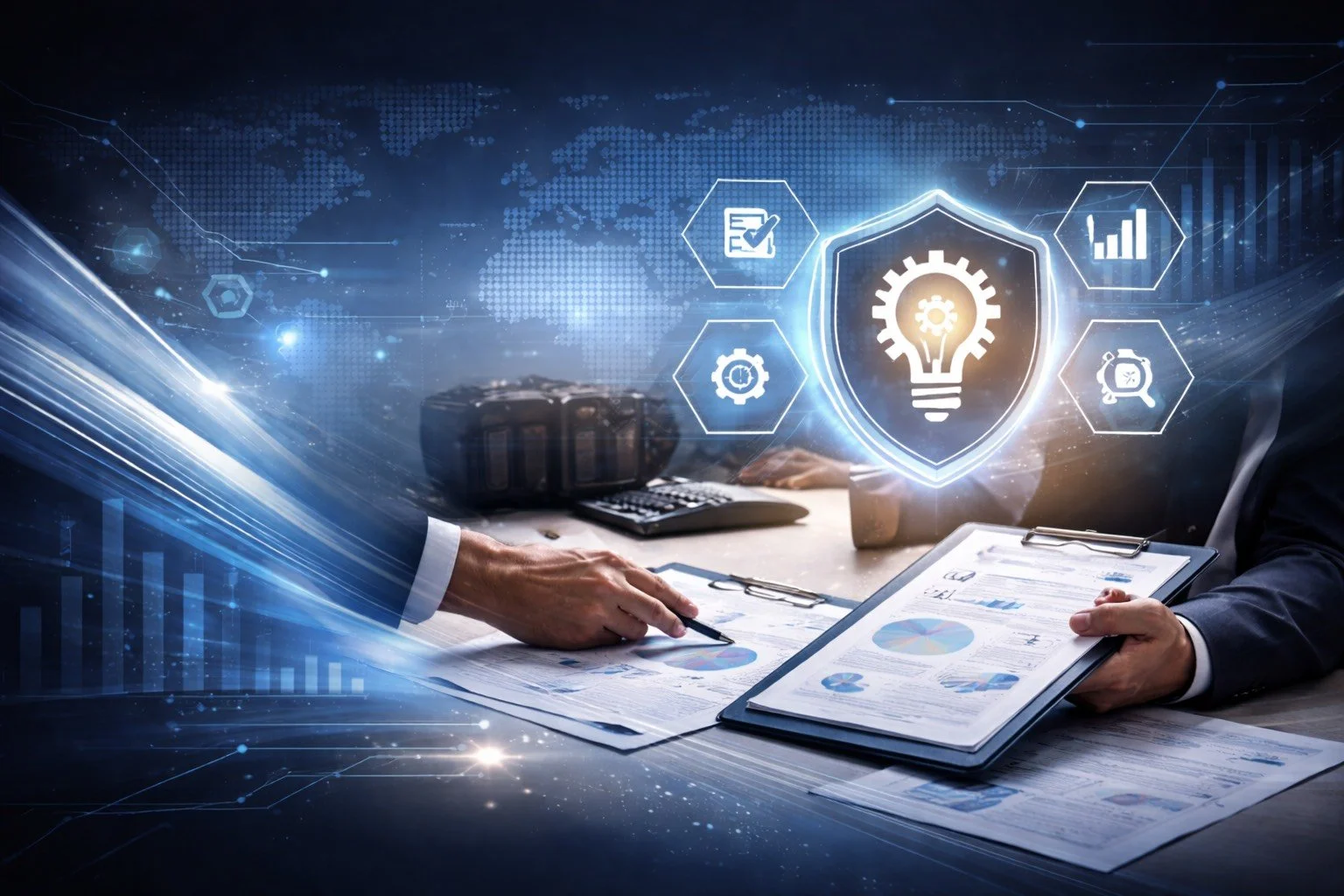 Two people in business suits reviewing documents at a desk, with digital icons and graphs overlayed, symbolizing data analysis and cybersecurity.