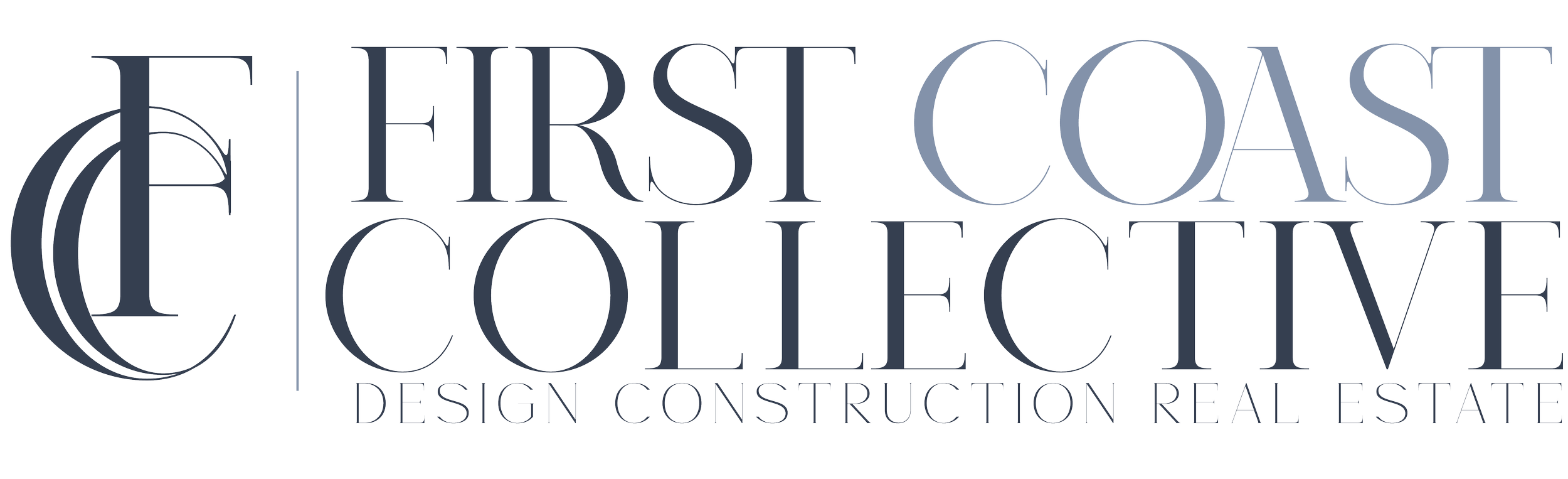 Logo for First Coast Collective, a real estate company, with stylized text and tagline 'Design Construction Real Estate'.