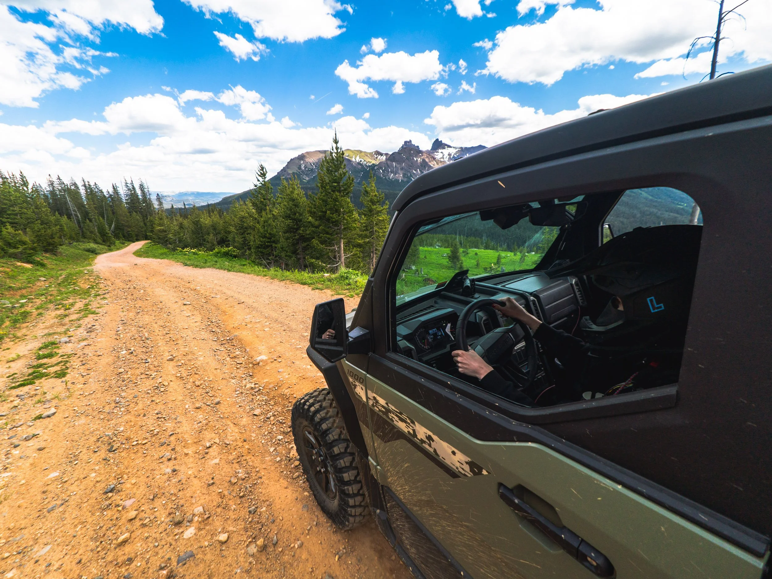 A black Polaris off-road vehicle parked on a grassy field with wildflowers, fallen tree branches, and a mountain range with snow patches in the background under a partly cloudy sky.